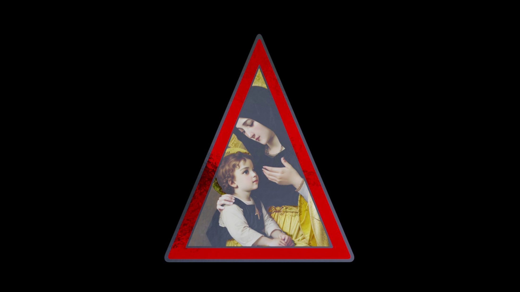 Still from DreamArena (2024) by Melle Nieling, a triangular trading card with a shiny picture of mother Mary with child Jesus