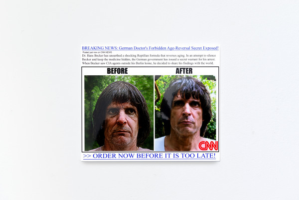 print on a white wall, the print is of clickbait spam emulating an article about a German doctor who discovered an age-reversal secret, two photographs show the presumed doctor before and after with in the corner the CNN logo, add the bottom a link urges readers to