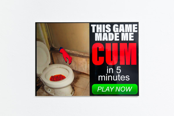print hanging on a white wall, the print is an online clickbait advert that reads
