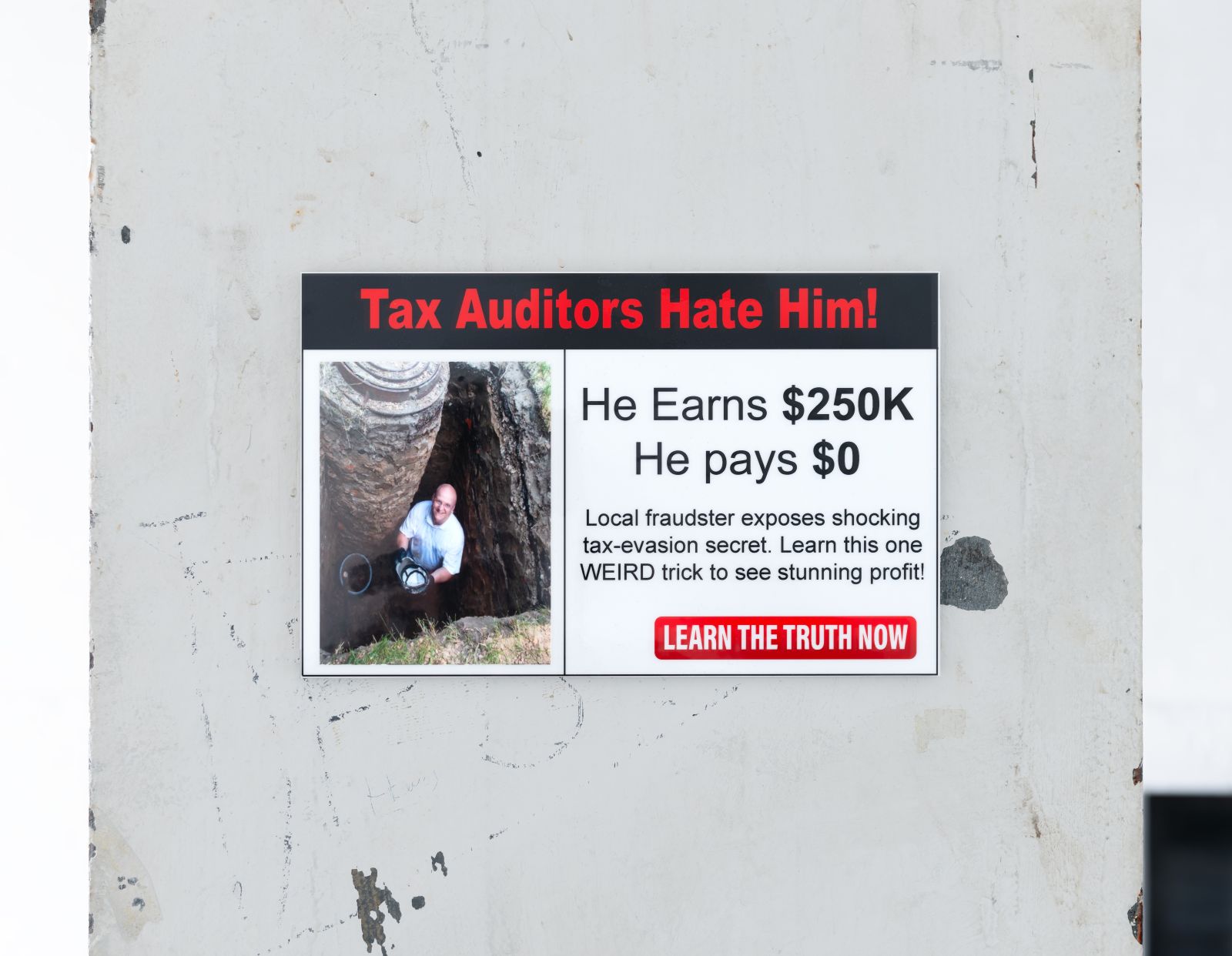 a print hanging on an old white-painted column, the print is an online clickbait advert for a tax-evasion secret, at the top it says 