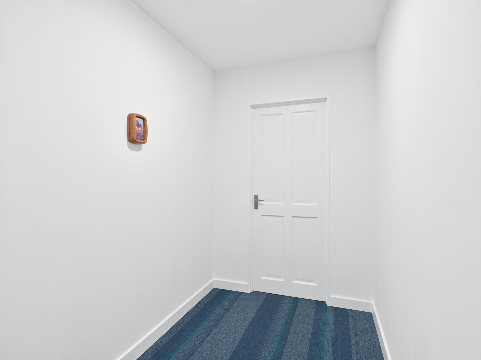 Angled view of a white hallway with blue striped carpet, showing a small brown framed object mounted on the left wall and a closed white door at the end of the corridor.
