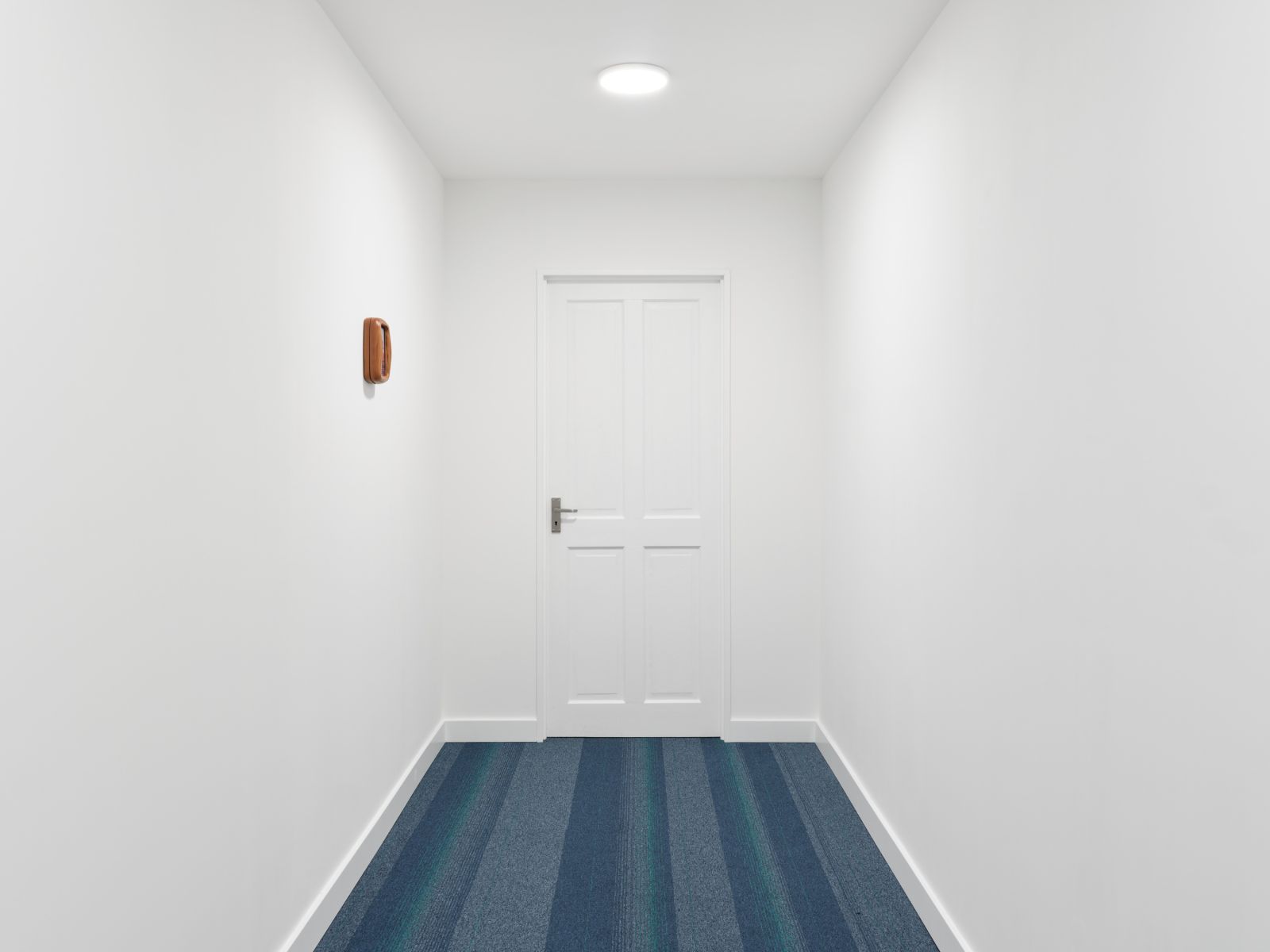 A white hallway with blue striped carpet leading to a closed white door. A small brown framed object hangs on the left wall.